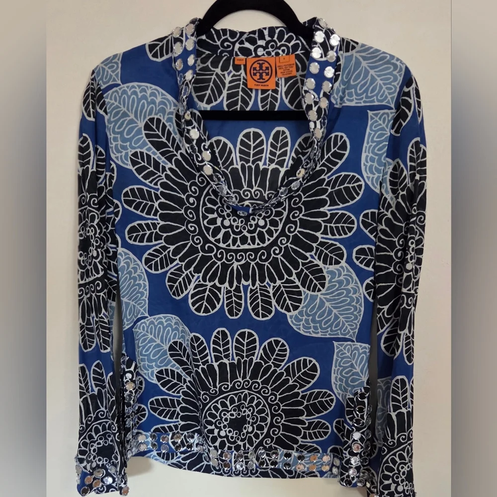 Tory Burch Stephanie Tunic with Mirror Embellished Top Size 0 Navy Tuscan